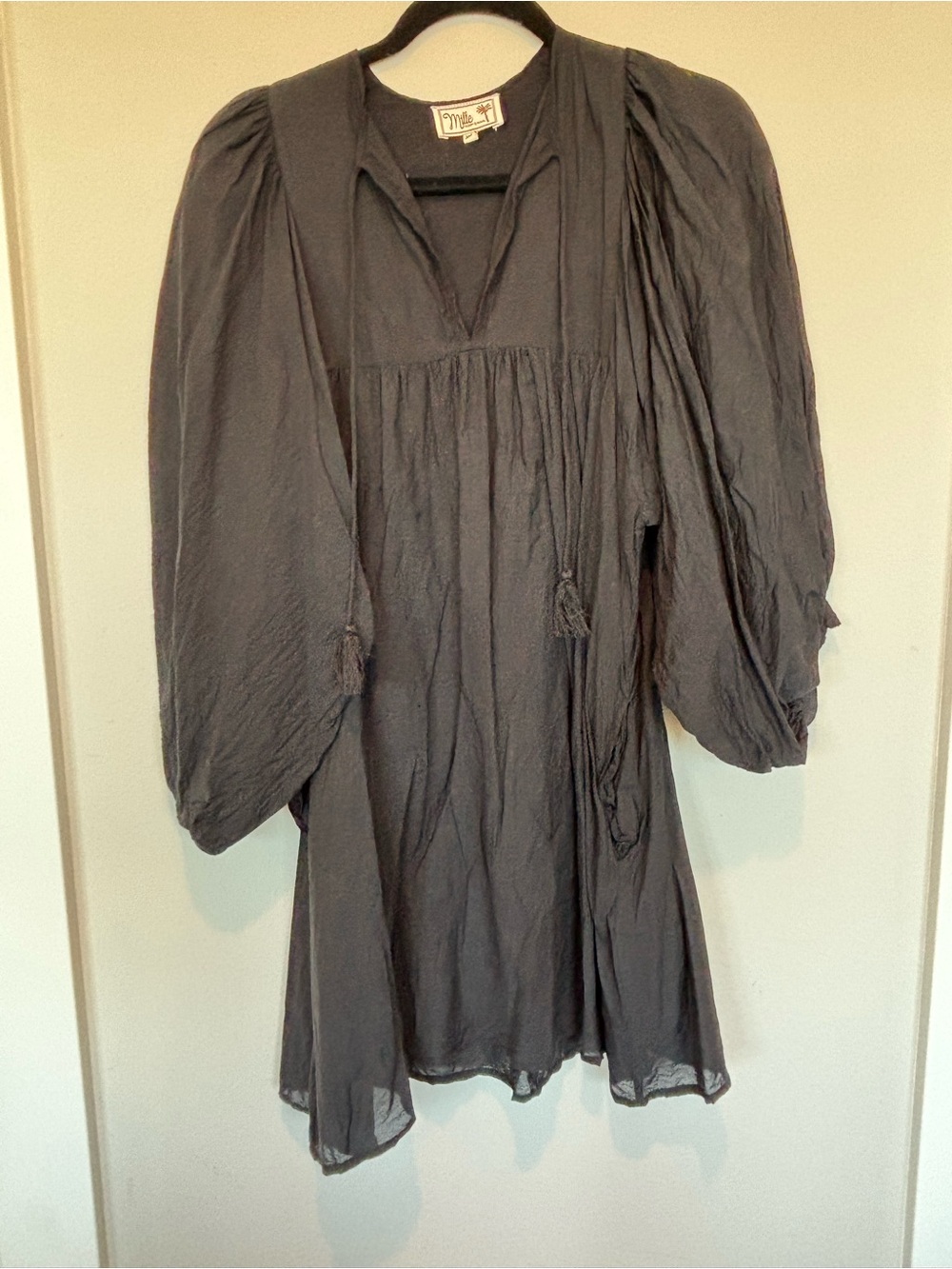 Mille Black Peasant Mini Dress with Voluminous Sleeves
